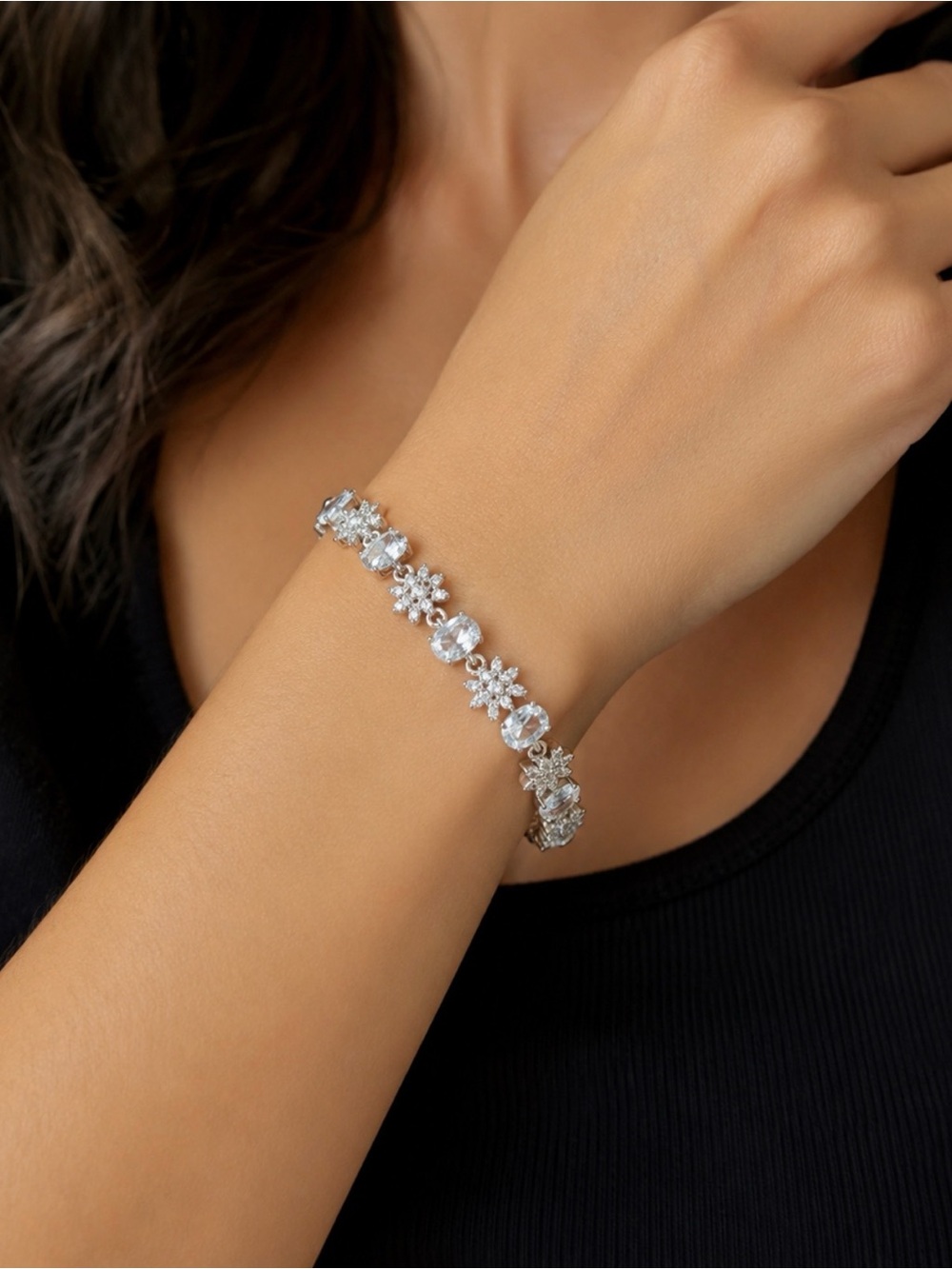 Elegant 14k White Gold over Brass Crystal Tennis Bracelet - one extender